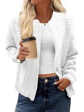 Women's White Jacquard Bomber Jacket Zip Up Lightweight Casual Fall Coat
